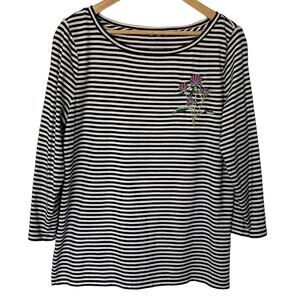 Talbots Wms L Navy White Striped Embroidered Flower Sequins Top Nautical Preppy